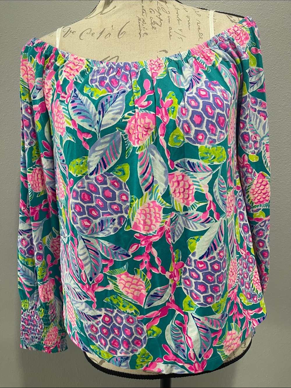Lilly Pulitzer Teal Off-Shoulder Floral Blouse with Pink Accents